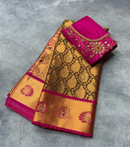 Bridal Vegan Silk Saree Olive Green Colour with Pink Border with Unstitched blouse in Aari Work