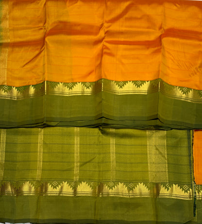 Pure Kanchipuram Silk Saree Golden Yellow shade with Olive Green Border