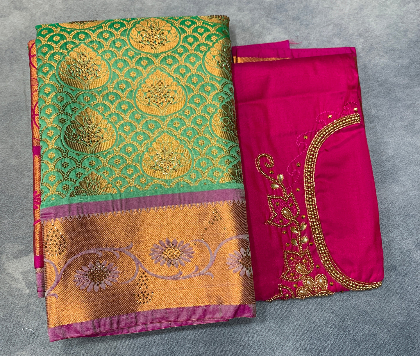 Bridal Vegan Silk Saree Light Green Colour with Pink Border with Unstitched blouse in Aari Work