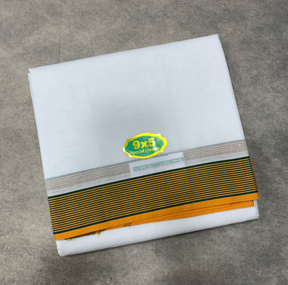 9X5 Cotton Dhoti White Colour with Green and Yellow Border