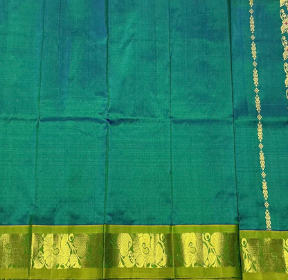 Green Shade Pure Kanchipuram Kids Pattu Pavadai with Contrast Border for Newborn to 2 Years