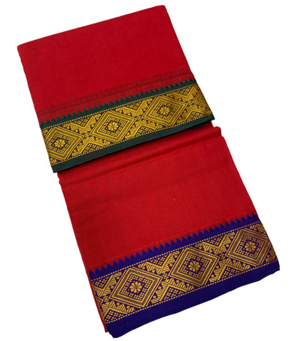 9X5 Cotton Dhoti Red Colour with Green and Blue Border