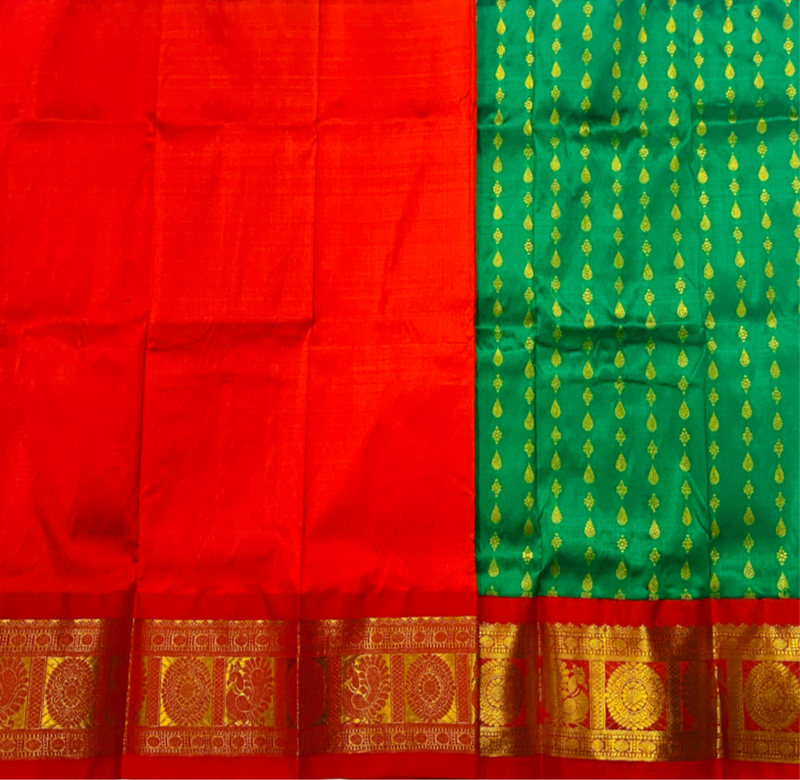 Green shade Pure Kanchipuram Kids Pattu Pavadai with contrast border for newborn to 2 Years