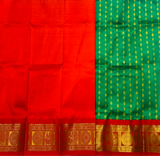 Green shade Pure Kanchipuram Kids Pattu Pavadai with contrast border for newborn to 2 Years