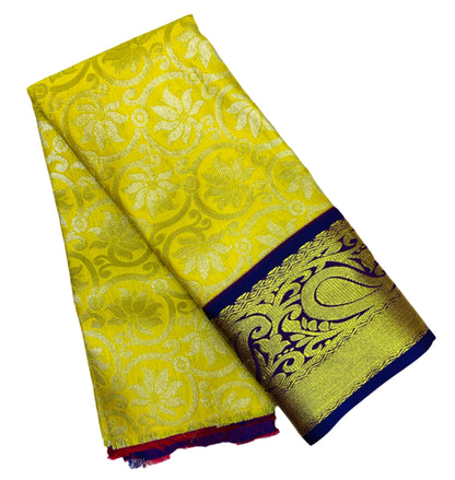Lemon Yellow Shade Vegan Silk Kids Pattu Pavadai with Contrast Border for Newborn to 2 Years