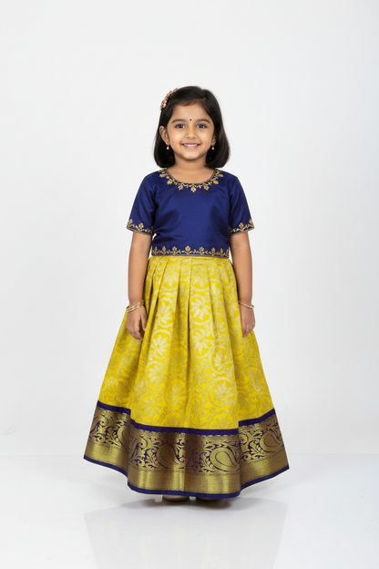 Lemon Yellow Shade Vegan Silk Kids Pattu Pavadai with Contrast Border for Newborn to 2 Years