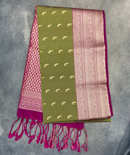 Art Silk Saree Olive Green Colour with Pink Colour Border