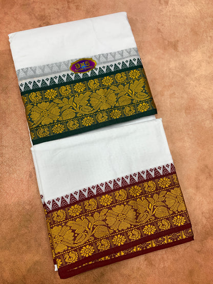 9X5 Cotton Dhoti White with Green and Maroon Ganga Jamuna Border