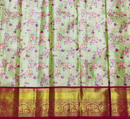 Light Apple Green Shade Vegan Silk Kids Pattu Pavadai with Contrast border for age 2 to 5