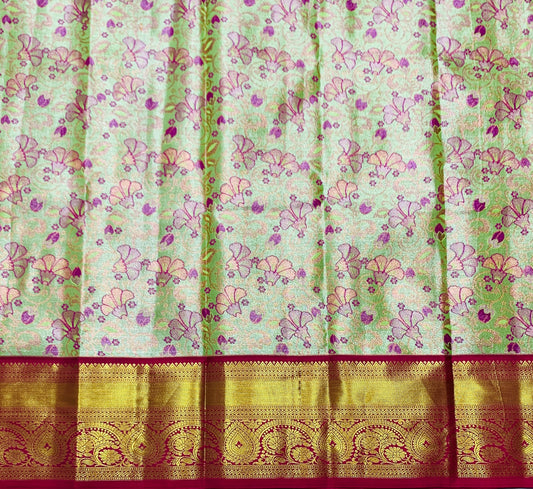 Light Apple Green Shade Vegan Silk Kids Pattu Pavadai with Contrast border for age 2 to 5