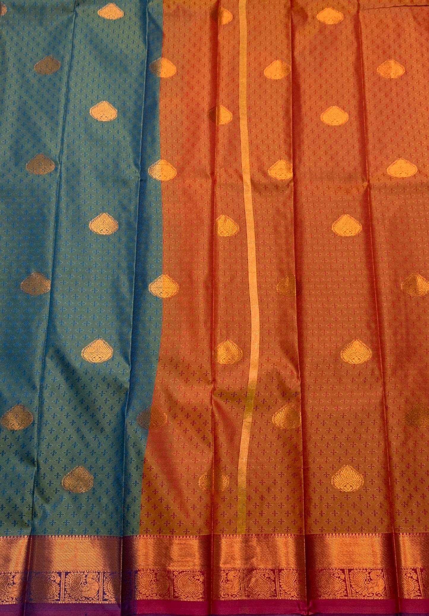 Dual Colour Silk Cotton Saree with Copper Zari Border