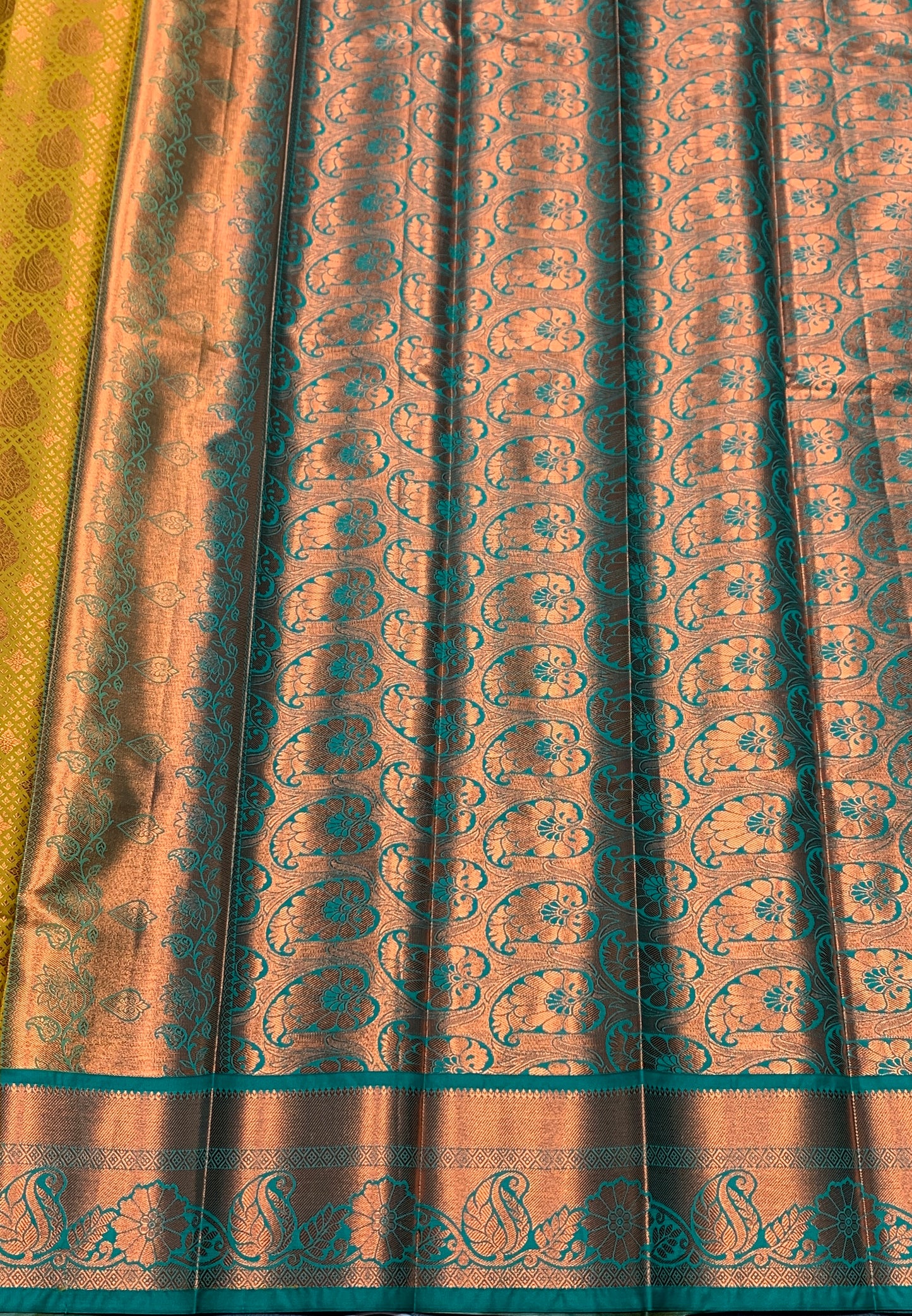 Vegan Silk Saree Lime Green Colour with Light Green and Copper Border