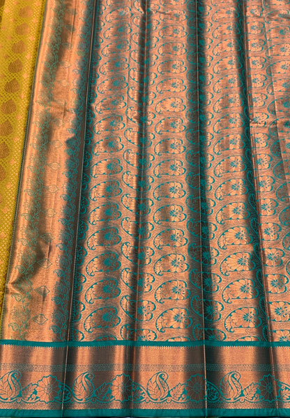 Vegan Silk Saree Lime Green Colour with Light Green and Copper Border