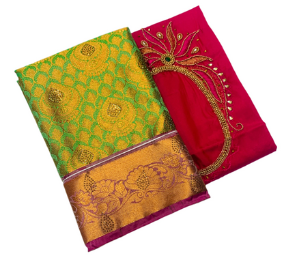 Bridal Vegan Silk Saree Light Green shade with Pink Border with Unstitched blouse in Aari work