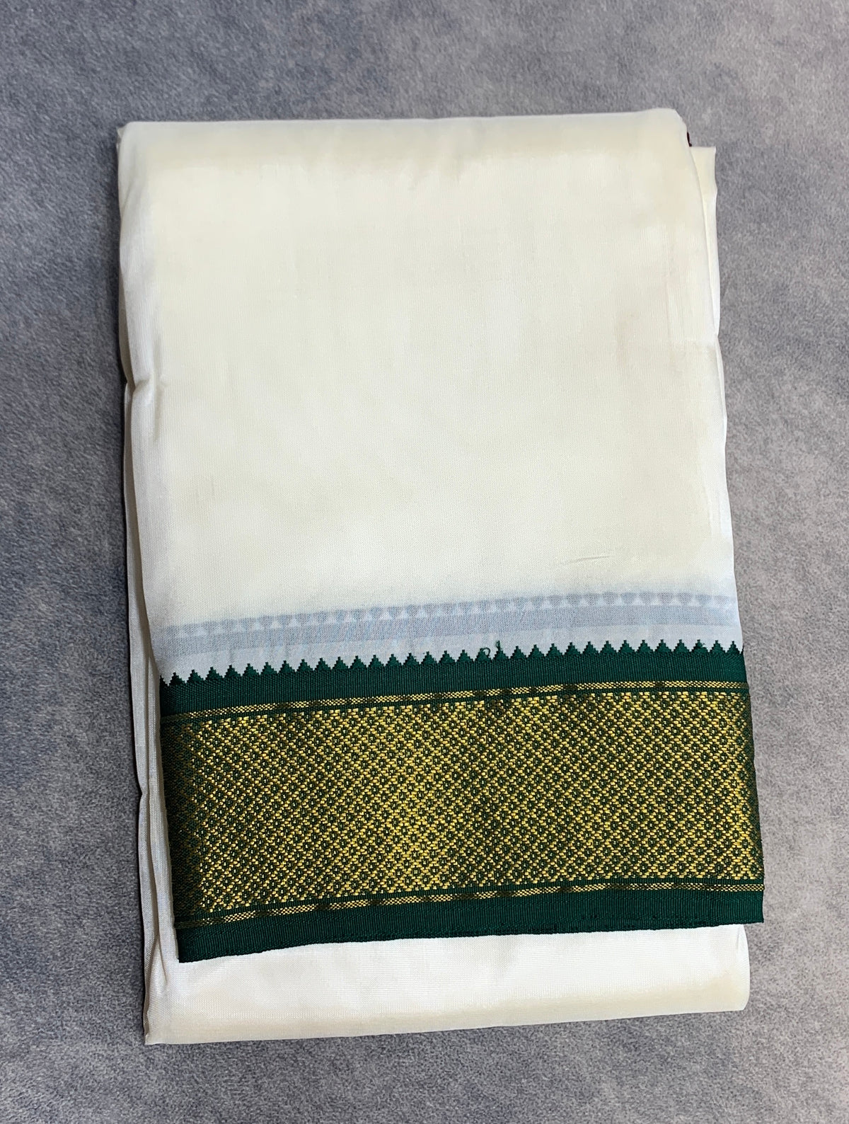 Art Silk Dhoti 8 Mulam in Cream with Medium Ganga Jamuna(Green/ Maroon) Border