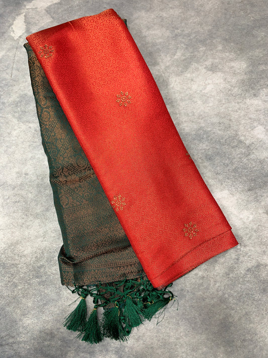 Soft Silk Saree Red Colour and Stone Work with Green Colour Pallu