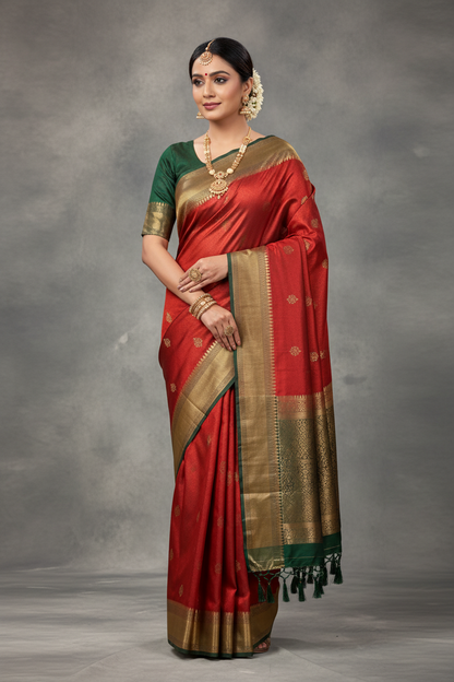 Soft Silk Saree Red Colour and Stone Work with Green Colour Pallu