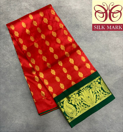 Red Shade Pure Kanchipuram Kids Pattu Pavadai with Contrast Border for age 2 to 5
