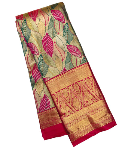 Green & Pink Leaf Soft Kanchi Tissue Pattu Saree with Pink border