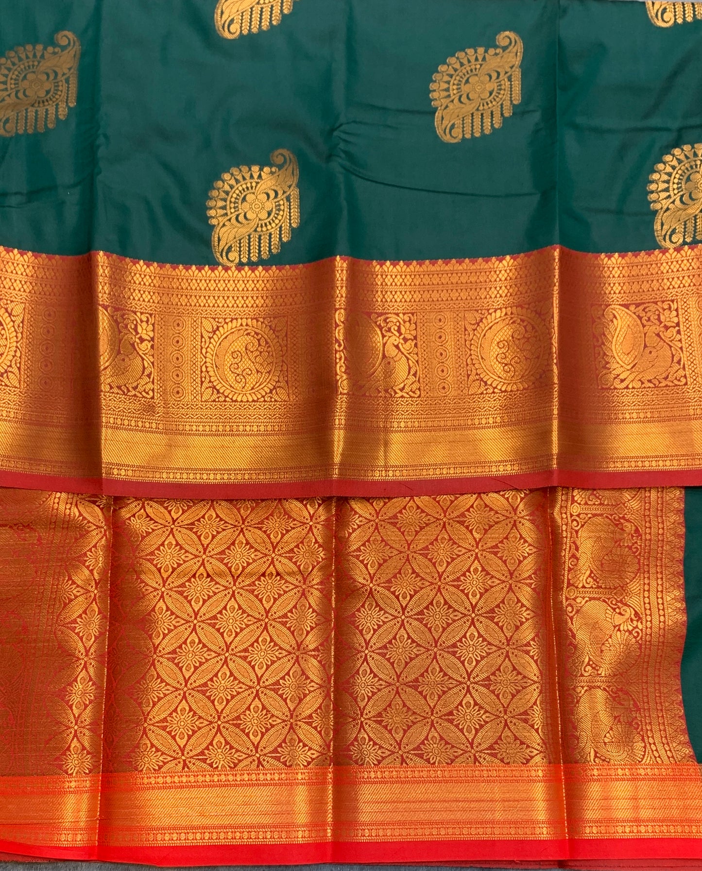 Soft Silk Casual Saree Green Colour with Red and Golden Colour Border