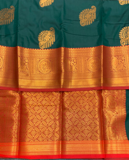 Soft Silk Casual Saree Green Colour with Red and Golden Colour Border