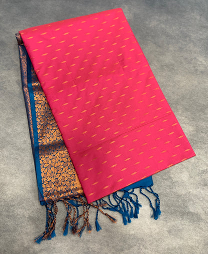 Soft Vegan Silk Saree Light Pink Colour with Sky Blue and Copper Border