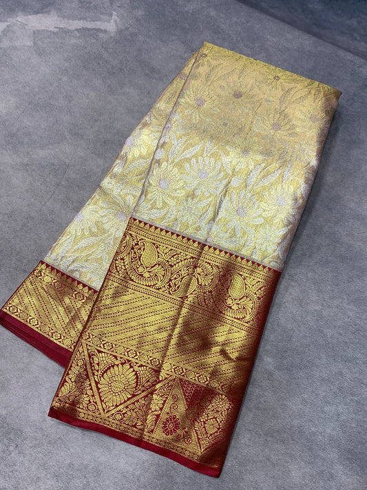 Golden and Sliver Shade Soft Kanchi Tissue Pattu Saree with Large Maroon Border