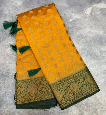 Crepe Saree Mustard Colour with Green Border