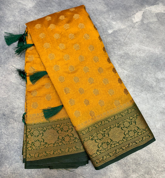 Crepe Saree Mustard Colour with Green Border