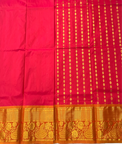 Rani Pink shade Semi Silk Kids Pattu Pavadai with contrast border  for age above 10 years