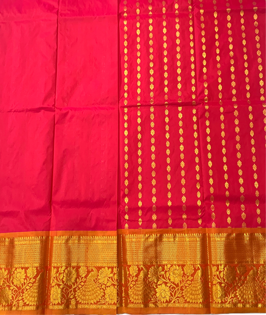 Rani Pink shade Semi Silk Kids Pattu Pavadai with contrast border  for age above 10 years