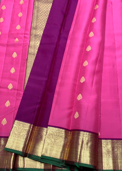 Pure Kanchipuram Silk Pink Colour with Magenta and Golden Zari Border