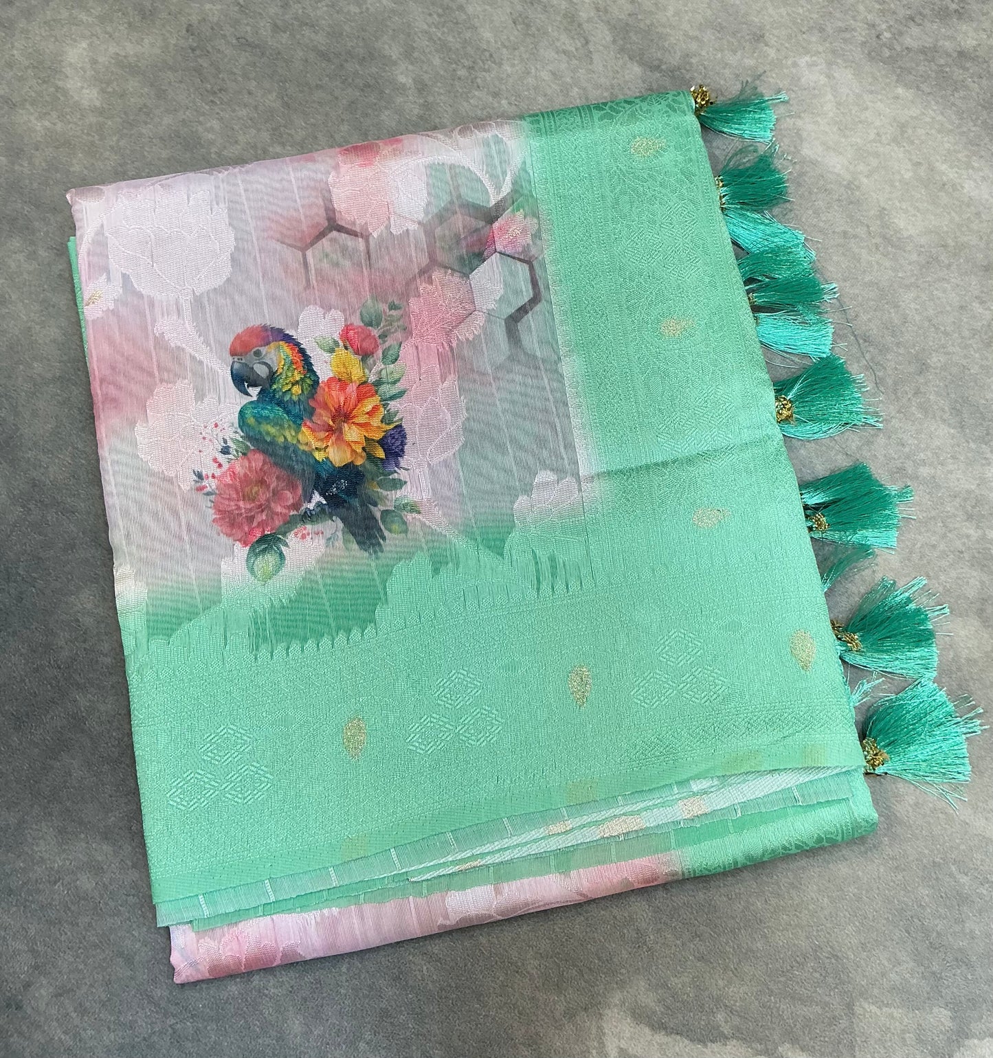 Digital Print Cotton Saree Sapphire Colour with Floral and Birds Pattern