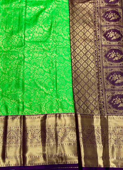 Light Green Colour Semi Silk Saree with Big Brown Border