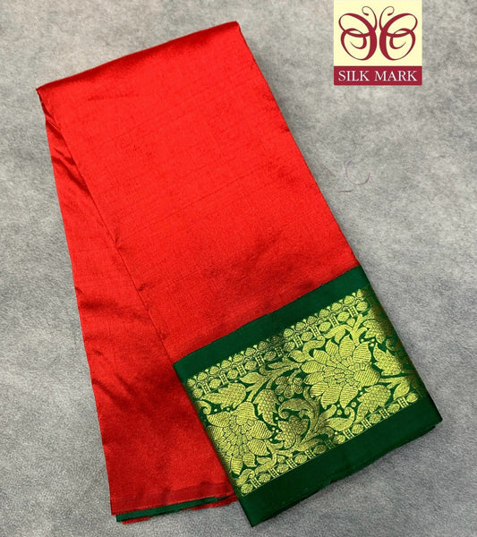 Red Shade Pure kanchipuram Kids Pattu Pavadai with Contrast Border for Newborn to 2 Years