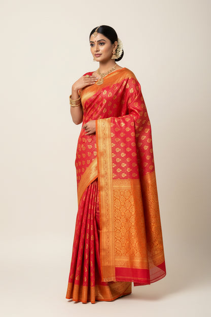 Vegan Silk Saree Pink Colour with Golden Yellow and Copper Border