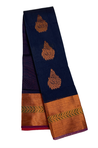 Navy Blue Shade Silk Cotton Saree with Copper Zari Border