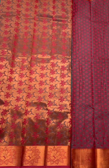 Vegan Silk Saree Sapphire shade with Copper and Brown Border