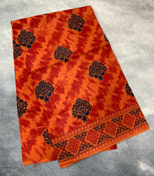 Chettinad Sungudi Cotton Orange Colour with Floral Design Border