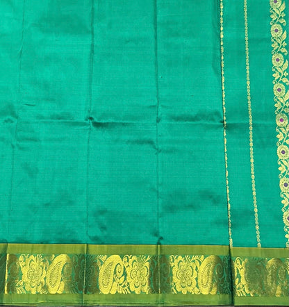 Green Shade Pure Kanchipuram Kids Pattu Pavadai with Contrast Border for Newborn to 2 Years