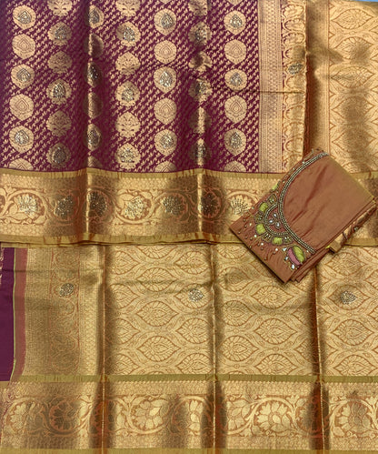 Bridal Vegan Silk Saree Maroon shade with Golden Yellow Border with Unstitched blouse in Aari Work