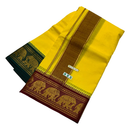 9X5 Cotton Dhoti Yellow Maroon and Green Border with Angavastram