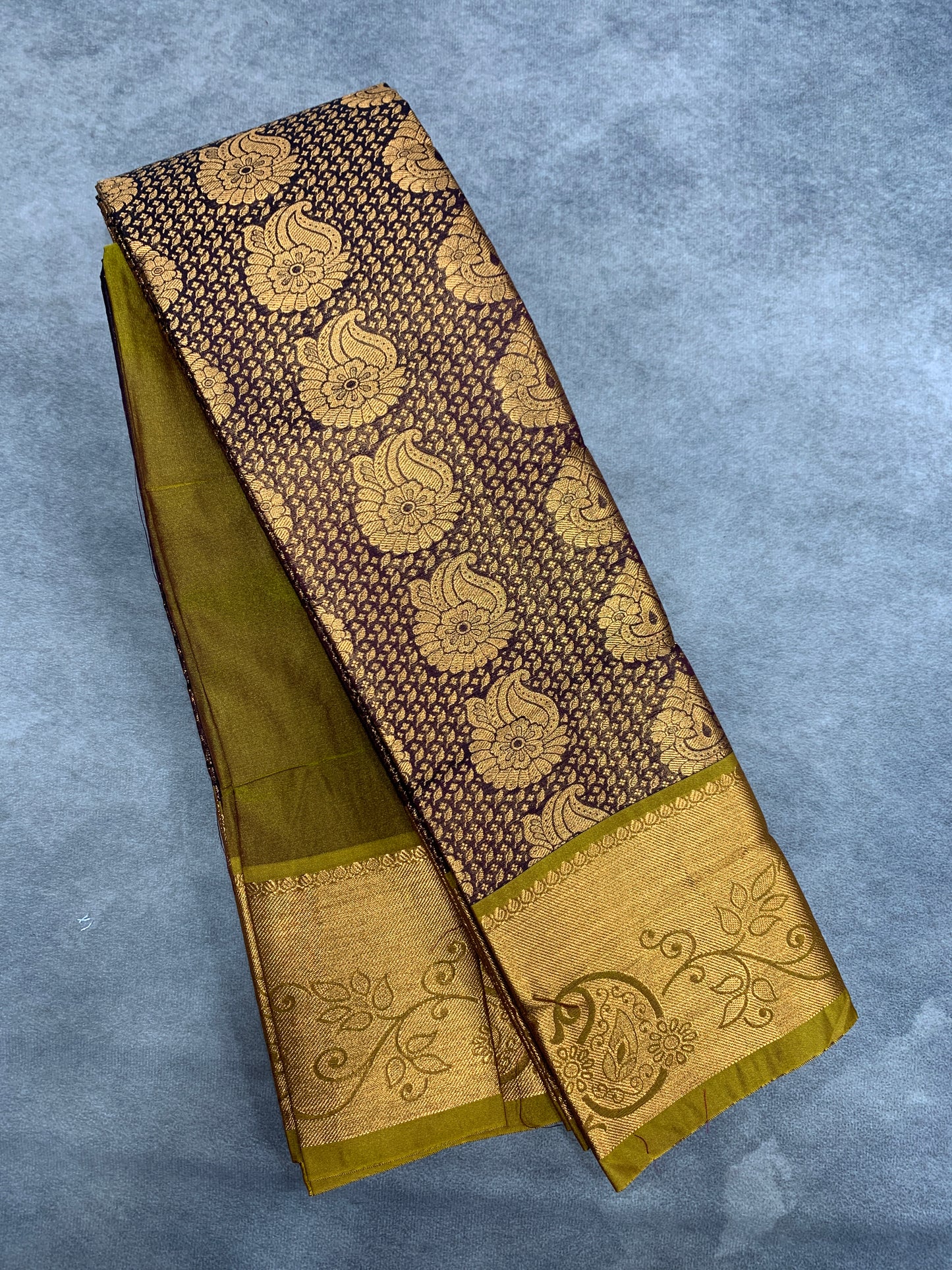 Vegan Silk Saree Brown Colour with Olive Green and Copper Border
