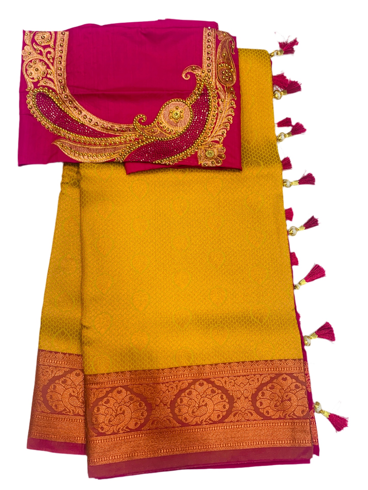 Bridal Vegan Silk Saree Yellow shade with Copper Border with Unstitched blouse in Aari work