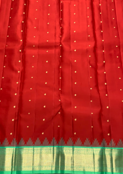 Pure Kanchipuram Silk Red Colour with Sapphire and Golden Zari Border