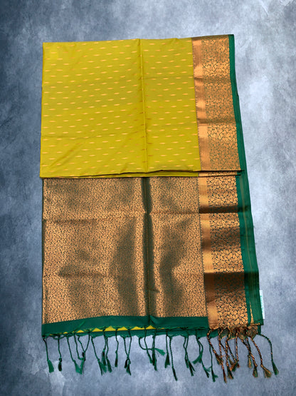 Soft Vegan Silk Saree Lime Green Colour with Green and Copper Border