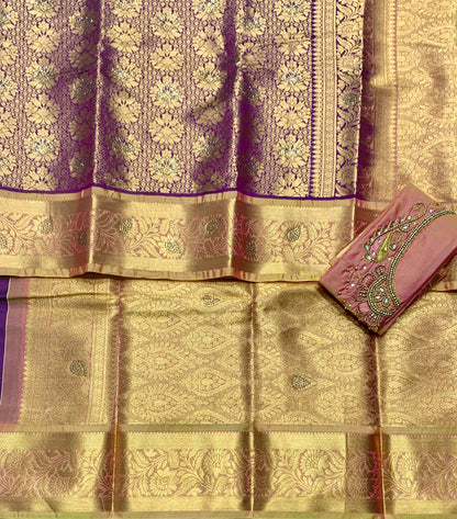 Bridal Vegan Silk Saree Beetroot Pink shade with Golden Yellow Border with Unstitched blouse in Aari Work