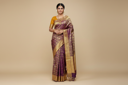 Bridal Vegan Silk Saree Beetroot Pink shade with Golden Yellow Border with Unstitched blouse in Aari Work