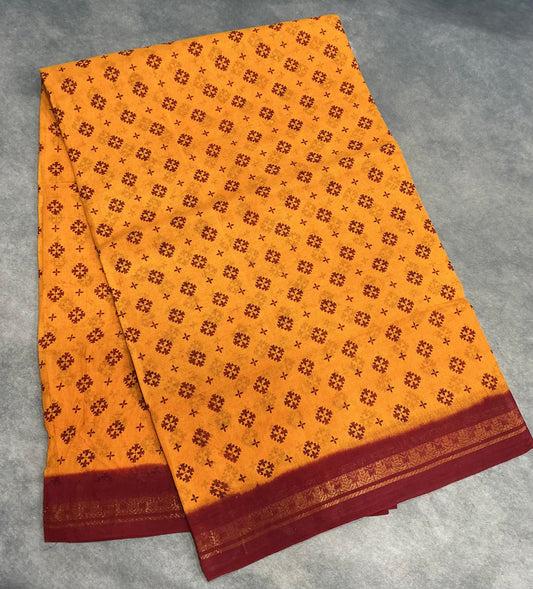 Chettinad Sungudi Cotton Yellow Colour with Maroon Colour Border