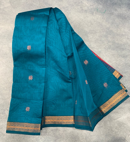 Peacock Green Colour Silk Cotton Saree with Copper Zari Border